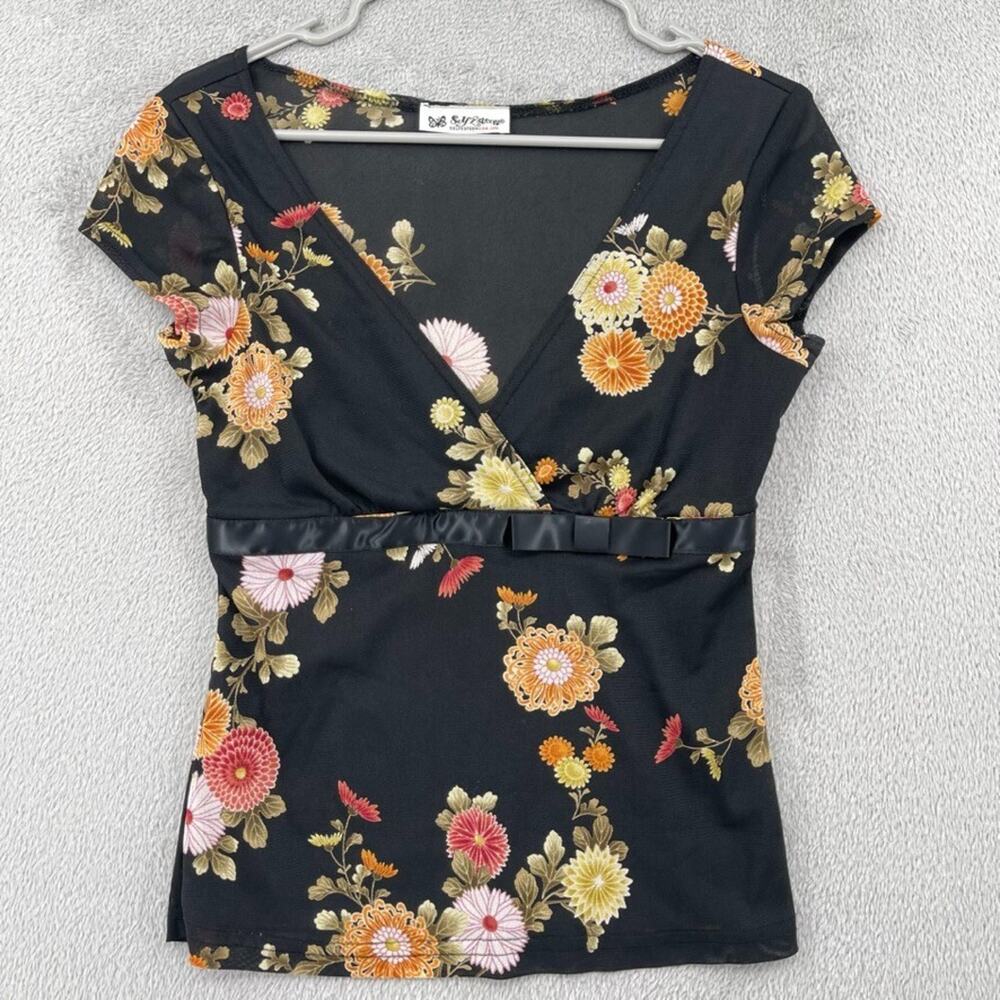 Vtg Y2K Self Esteem Babydoll Top Womens S Black Floral Mesh Sheer Whimsigoth Bow